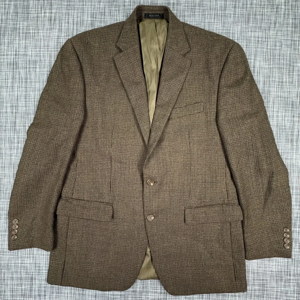 Chaps Men's Blazer 40R Brown Micro Houndstooth 100% Wool Two Button Sport Coat